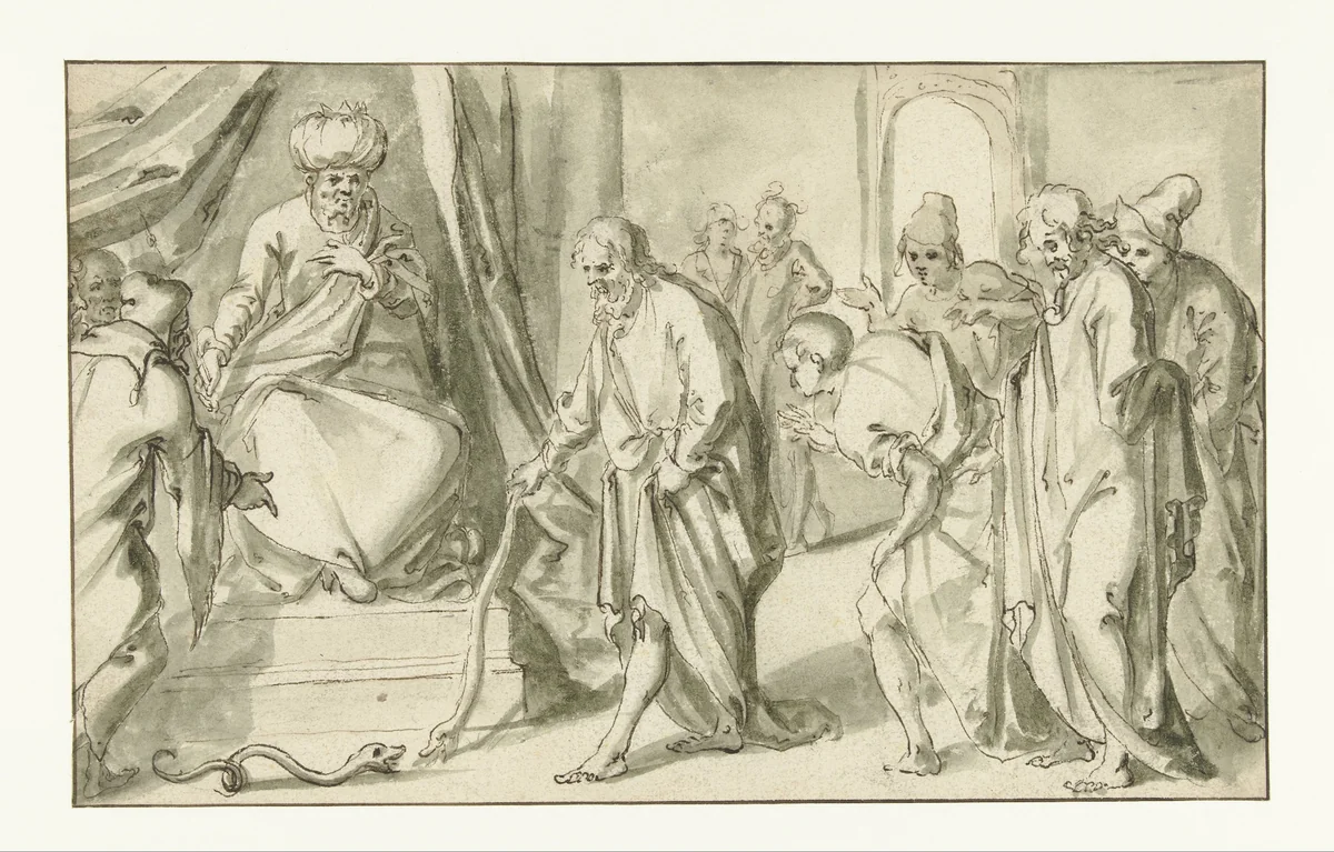 Aärons staf verslindt de slang van de Egyptische tovenaars by Unknown, drawing, 1558