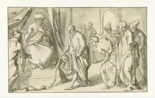 Aärons staf verslindt de slang van de Egyptische tovenaars by Unknown, drawing, 1558