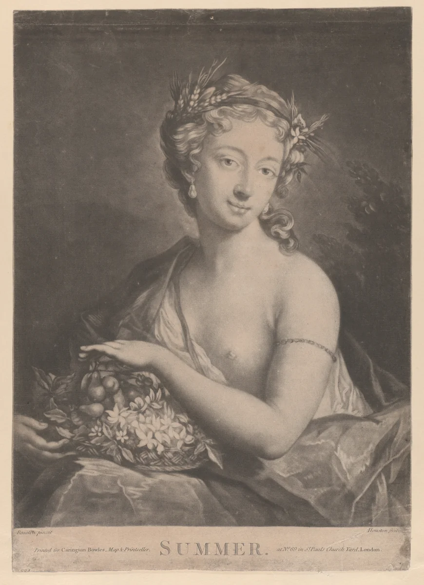 Summer: a woman holding a basket of flowers and fruit by Richard Houston, print, 1775