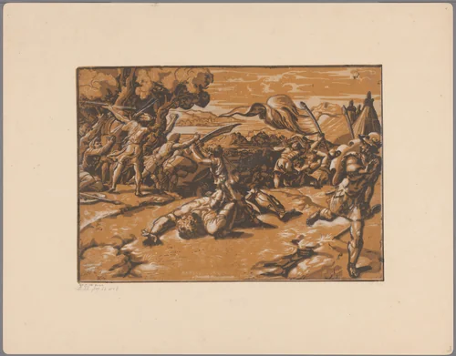 David onthoofdt Goliat by Ugo da Carpi, print, 1502-1532