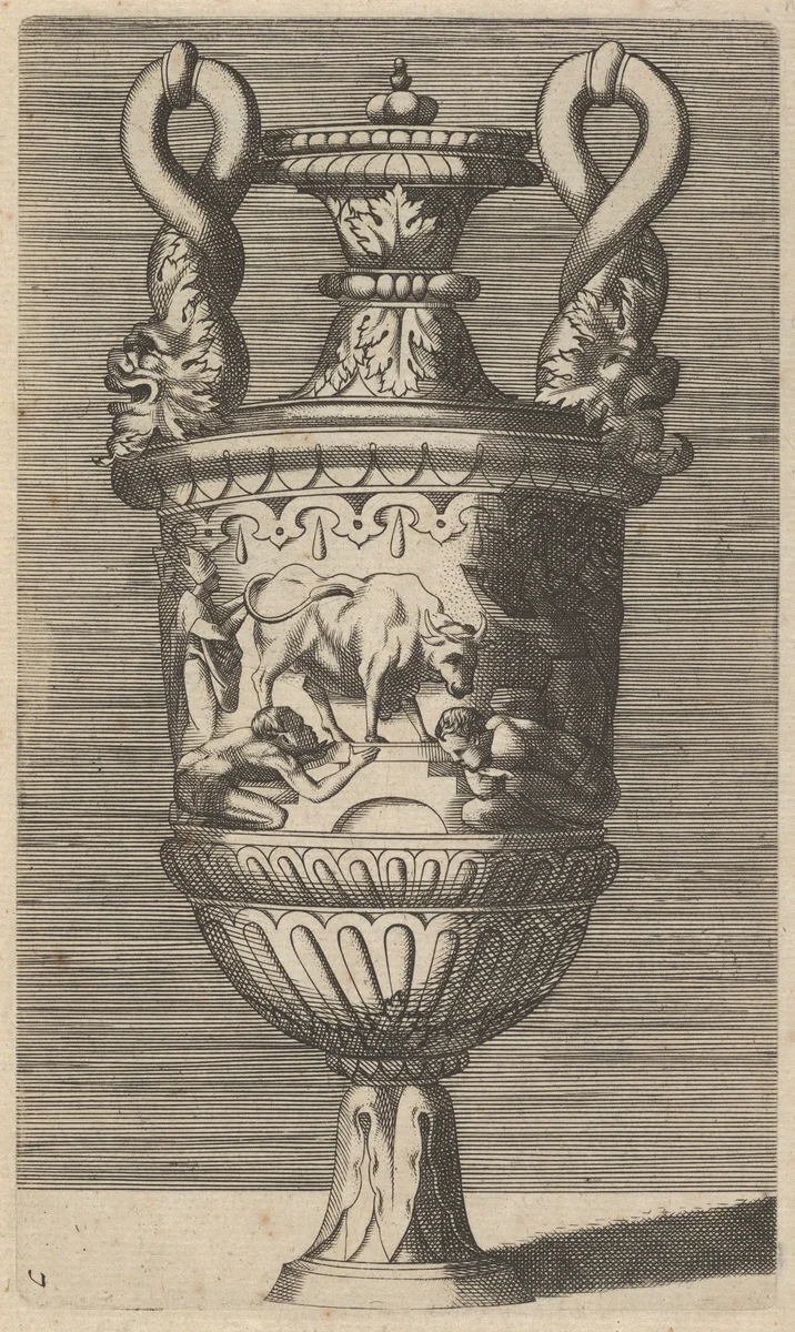 Vase with the Veneration of a Bull by René Boyvin, print, 1670-1700