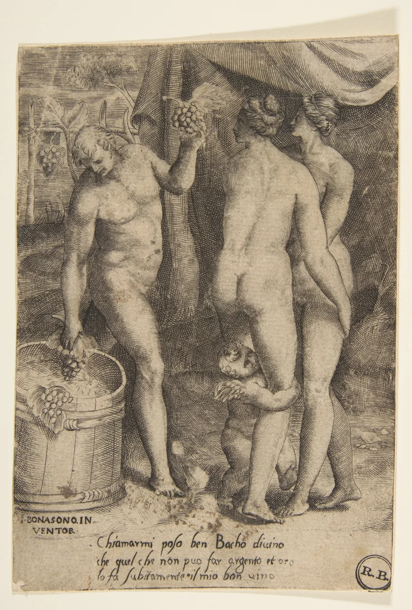 Bacchus at left giving grapes to women, from "The Loves of the Gods" by Giulio Bonasone, print, 1531-1560
