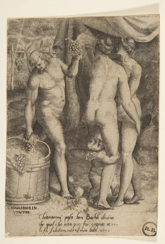 Bacchus at left giving grapes to women, from "The Loves of the Gods" by Giulio Bonasone, print, 1531-1560