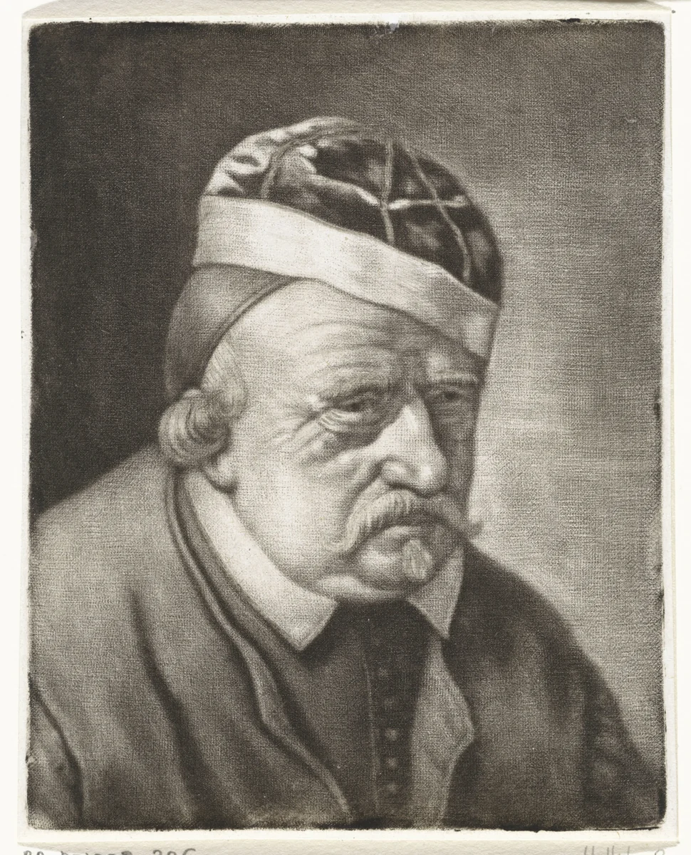 Buste van een man met een muts by Michiel van Musscher, print, 1655-1705