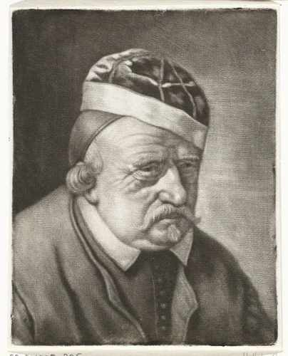 Buste van een man met een muts by Michiel van Musscher, print, 1655-1705