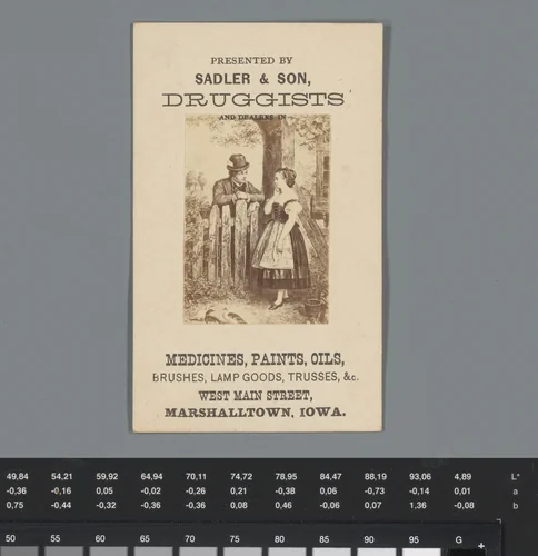 Reclame voor drogisterij Sadler & Son te Marshalltown met reproductie van een prent van een man die een vrouw het hof maakt bij een tuinhek by anonymous, photograph, 1850-1915