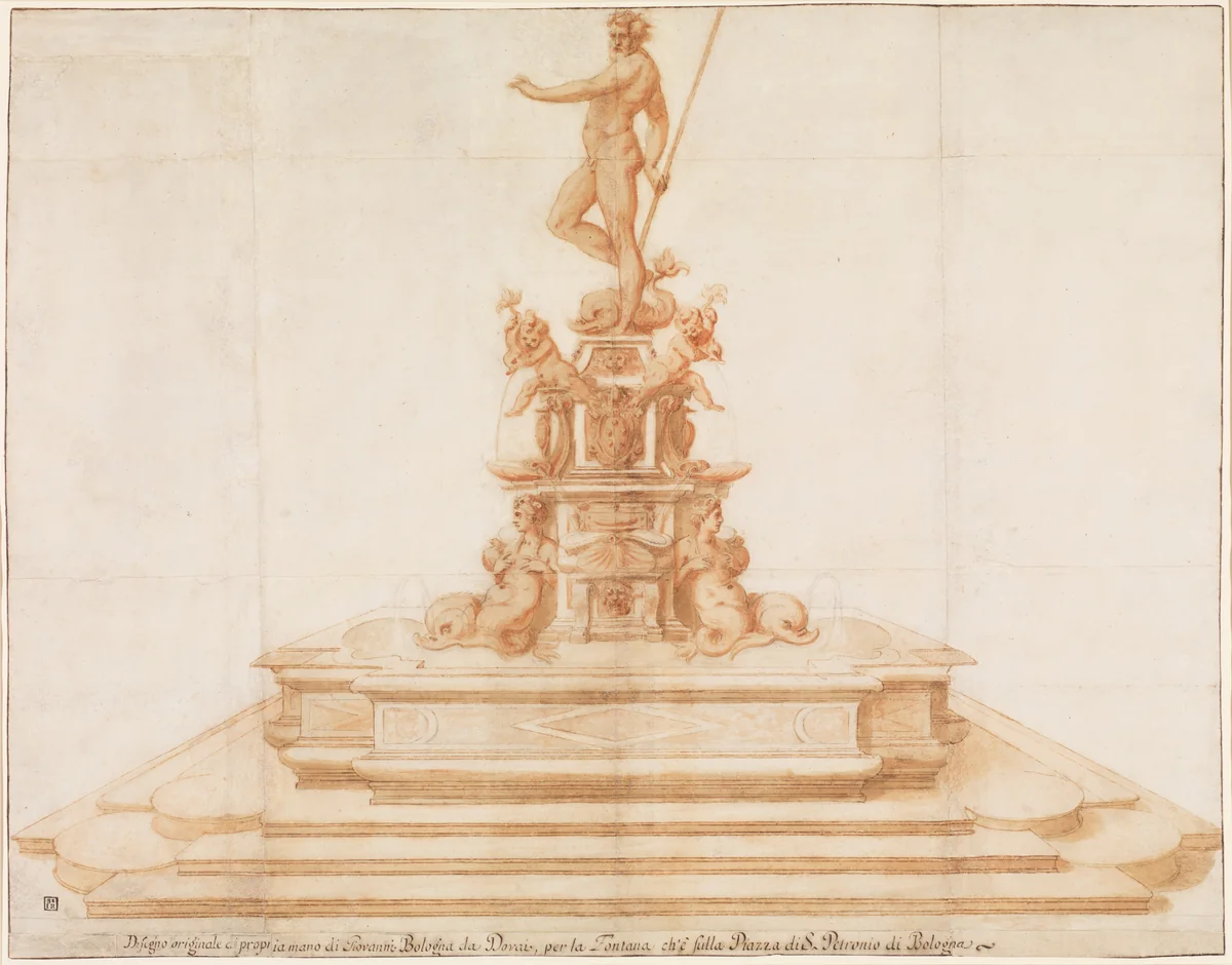 Copy after Giambologna's Neptune Fountain in Piazza San Petronio, Bologna by anonymous, drawing, 1595-1605