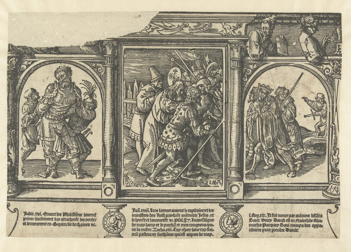 De gevangenneming van Christus, gevangenneming van Simson en de vlucht van David by Unknown, print, 1520-1521