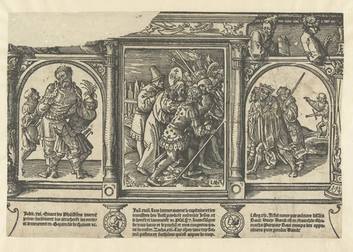 De gevangenneming van Christus, gevangenneming van Simson en de vlucht van David by Unknown, print, 1520-1521