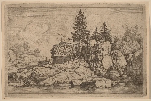 Two Fir Trees near Cottages by Allart van Everdingen, print, 1645-1656