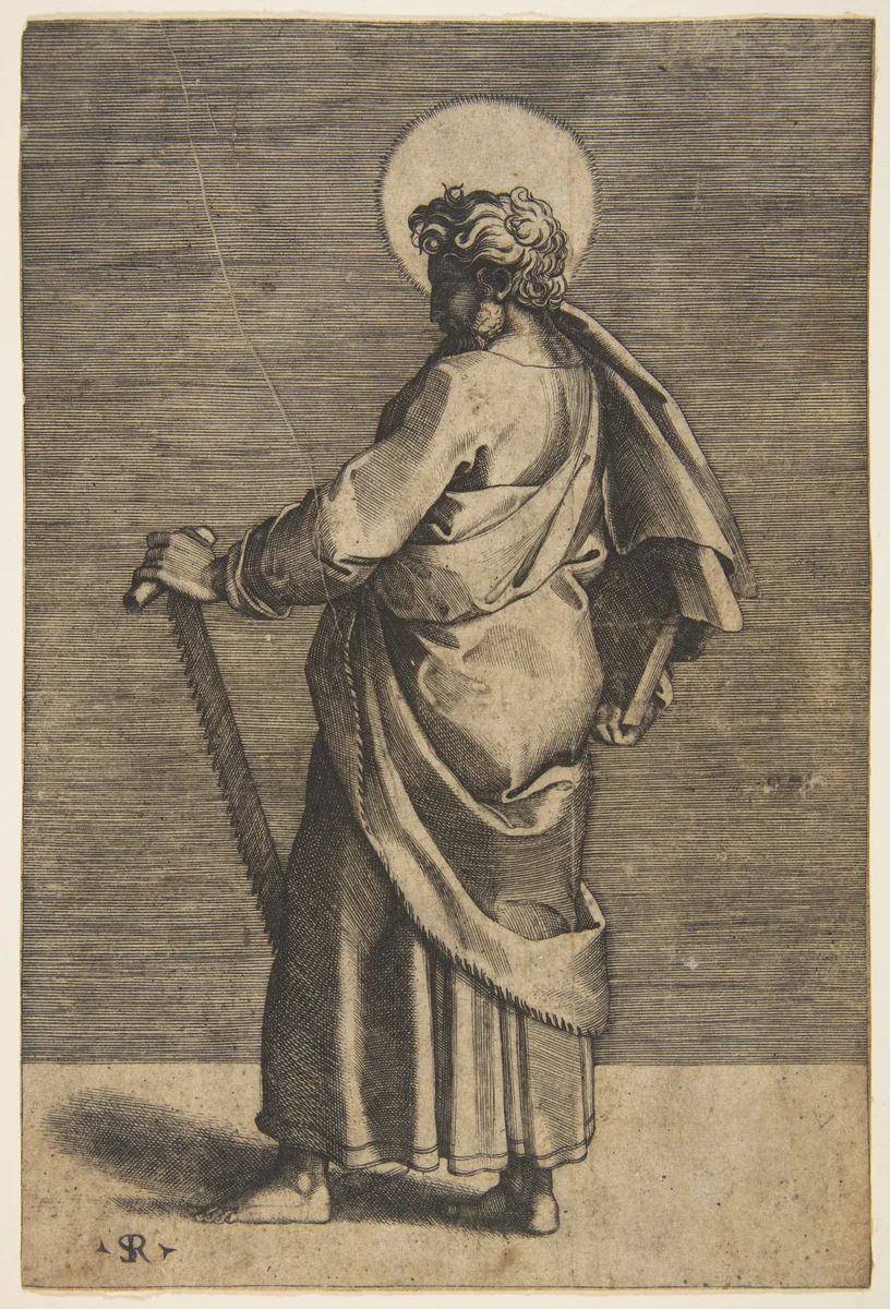 Saint Simon standing facing left, holding a saw and a book by Marco Dente, print, 1510-1532