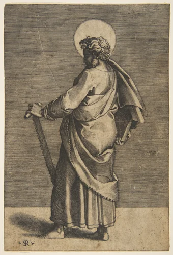 Saint Simon standing facing left, holding a saw and a book by Marco Dente, print, 1510-1532