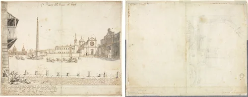 Eighteen Views of Rome: The Piazza del Popolo (recto); Sketch for San Giovanni in Laterano (verso) by Lievin Cruyl, drawing, 1664