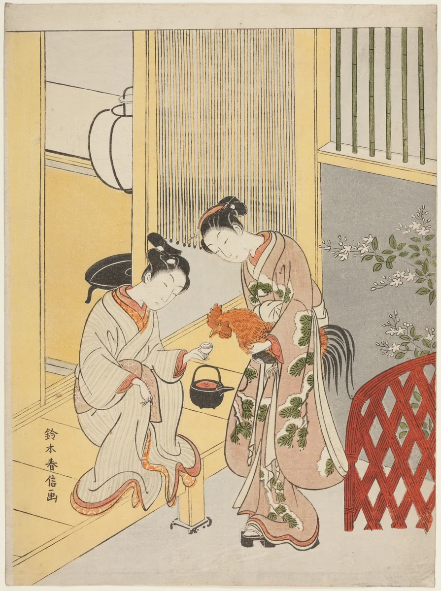 Delaying the announcement of dawn by Suzuki Harunobu (鈴木春信), print, 1762-1770