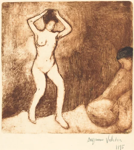 Catherine prépare le tub et Louise nue se coiffe (Catherine Prepares the Bath and Louise, Nude, Fixes her Hair) by Suzanne Valadon, print, 1895