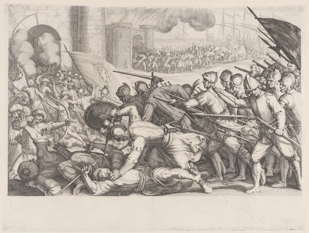 Les Troupes Forcent la Porte d'une Ville (The Troops Force Their Way Through the Gate of a City), from La Vie de Ferdinand Ier de Médicis série appelée aussi Les Batailles des Médicis (The Life of Ferdinand I de'Medici also called The Medici Battles) by Jacques Callot, print, 1614-1620