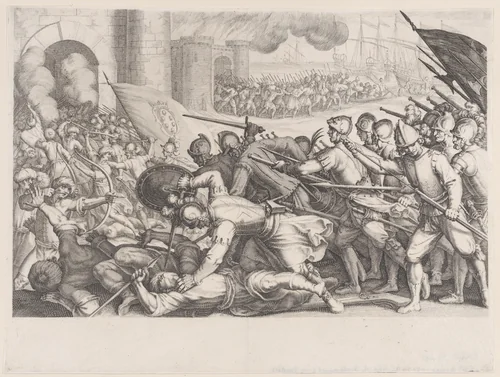 Les Troupes Forcent la Porte d'une Ville (The Troops Force Their Way Through the Gate of a City), from La Vie de Ferdinand Ier de Médicis série appelée aussi Les Batailles des Médicis (The Life of Ferdinand I de'Medici also called The Medici Battles) by Jacques Callot, print, 1614-1620