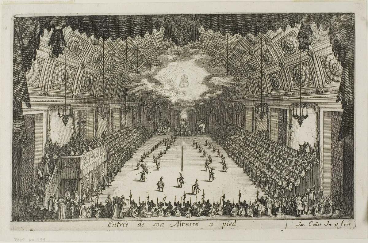 Entry of His Highness on Foot, from The Combat at the Barrier by Jacques Callot, print, 1627