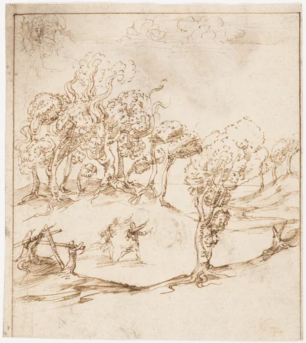 Recto: Landscape with Trees and Figures (? Remarks on the Winds and the Lay-out of the City; Vitruvius, Book 1, Chapter 6, nos. 2, 3): Verso: Blank. by Sangallo family, drawing, 1530-1545