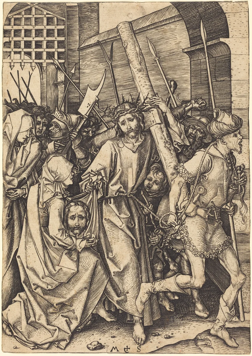 The Bearing of the Cross with Saint Veronica by Martin Schongauer, print, 1480