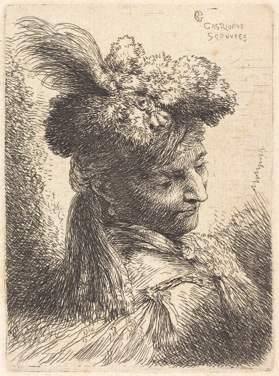 Young Man Wearing a Fur Headdress with a Headband, Facing Right by Giovanni Benedetto Castiglione, print, 1645-1655