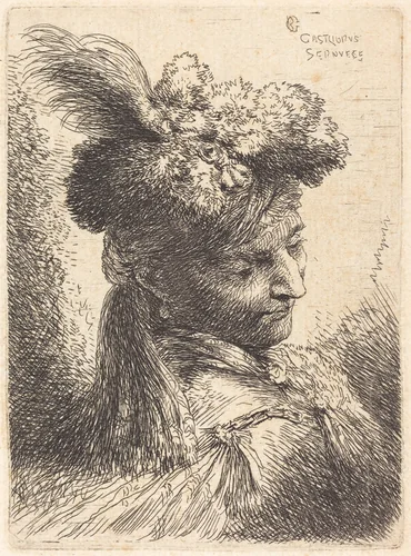 Young Man Wearing a Fur Headdress with a Headband, Facing Right by Giovanni Benedetto Castiglione, print, 1645-1655