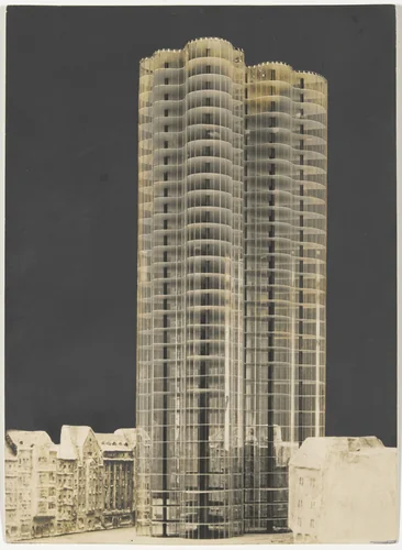 Glass Skyscraper project (View of lost model) by Ludwig Mies van der Rohe, architecture, 1922