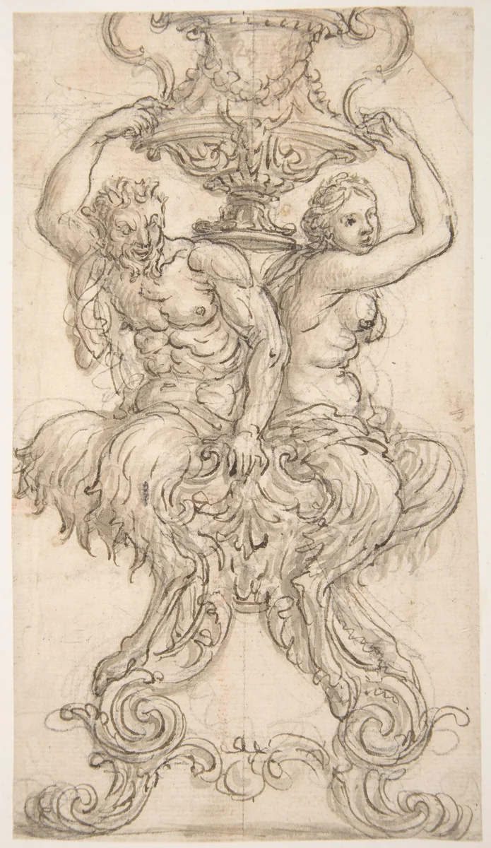 Satyr and Satyress Seated on a Pedestal Supporting a Vase by Giovanni Battista Foggini, drawing, 1652-1725
