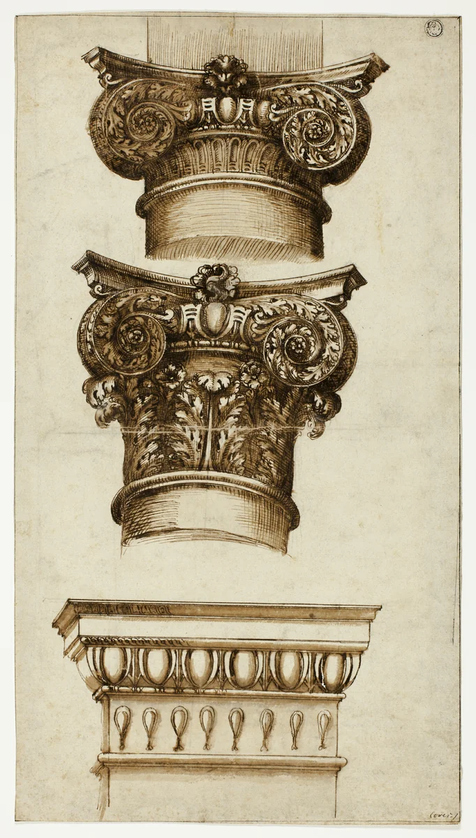 Three Column Capitals by Giovanni Battista Piranesi, drawing, 1740-1778