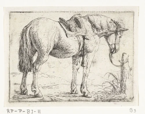 Paard met zadel by Jan van Aken, print, 1624-1661