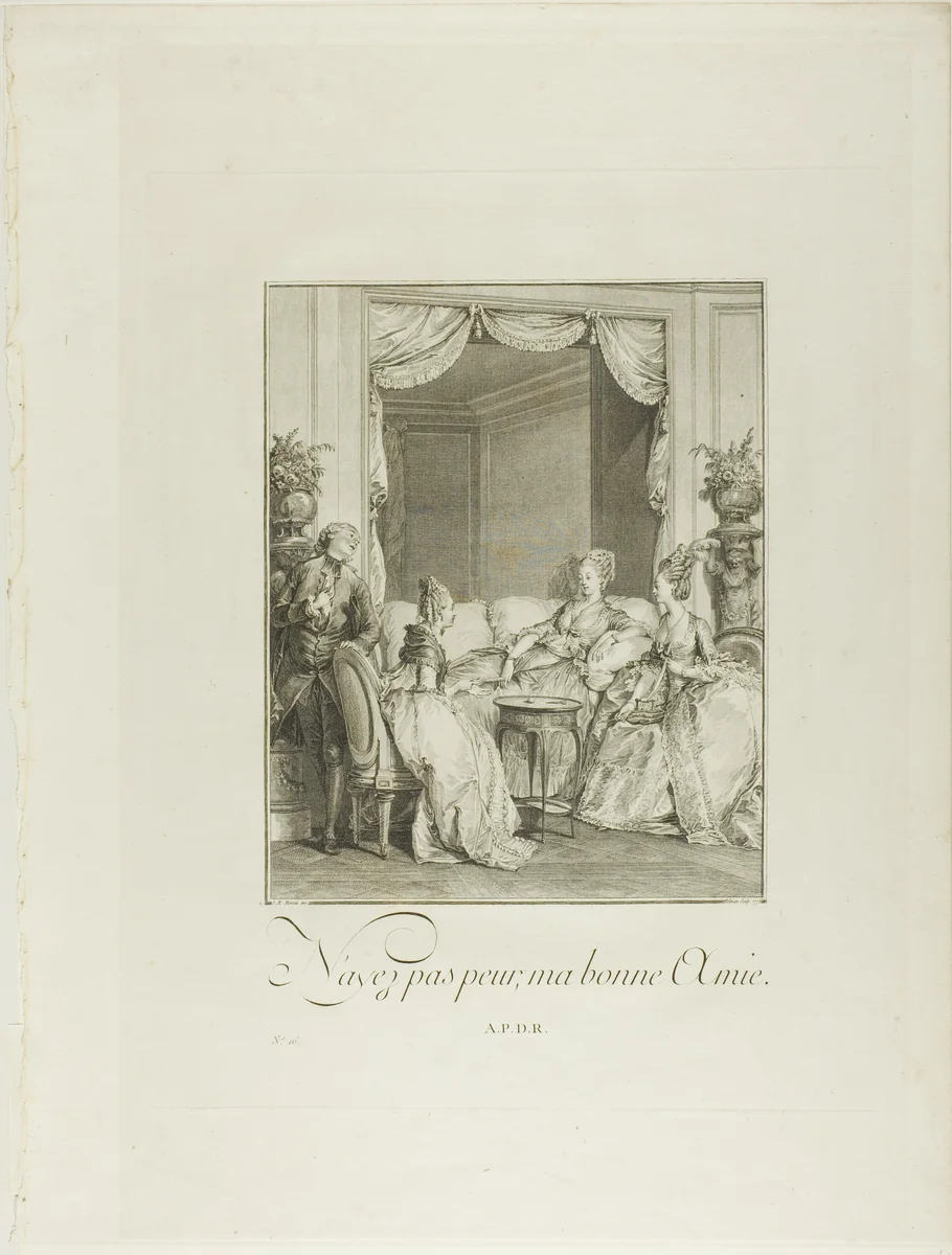 Don't Be Afraid, My Friend, from Monument du Costume Physique et Moral de la fin du Dix-huitième siècle by Isidor-Stanislas Helman, print, 1776