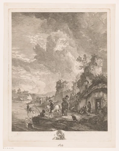 Rivierlandschap met figuren langs de waterkant by Jean Moyreau, print, 1733-1762