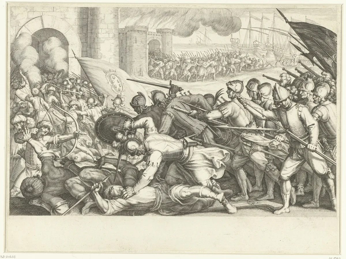 De troepen van Ferdinando I de' Medici bestormen een stadspoort by Jacques Callot, print, 1614-1620