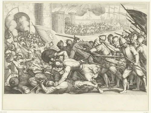 De troepen van Ferdinando I de' Medici bestormen een stadspoort by Jacques Callot, print, 1614-1620