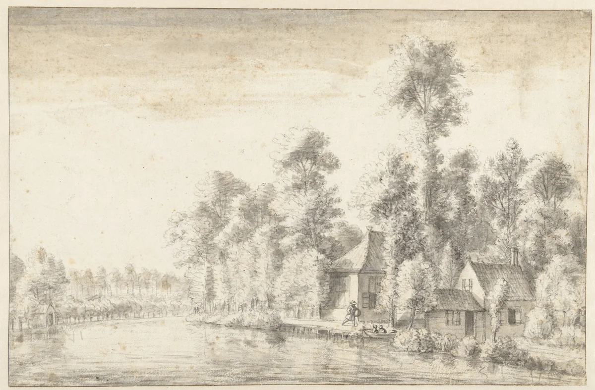 Riviergezicht met enkele huizen by Anthonie Waterloo, drawing, 1619-1690