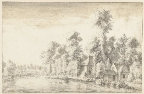Riviergezicht met enkele huizen by Anthonie Waterloo, drawing, 1619-1690
