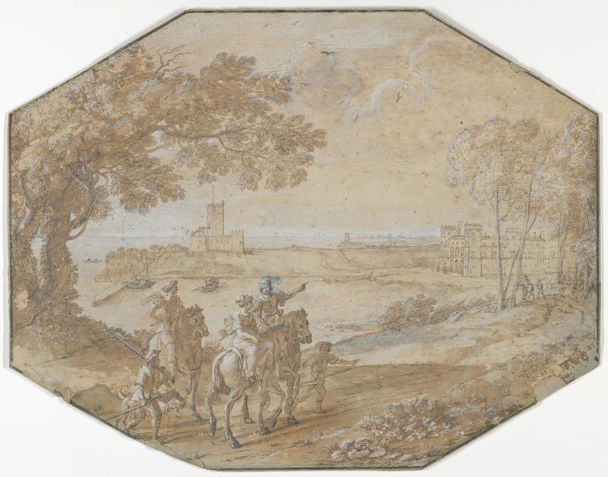 Coast Scene with the Port of Santa Marinella by Claude Lorrain, drawing, 1638