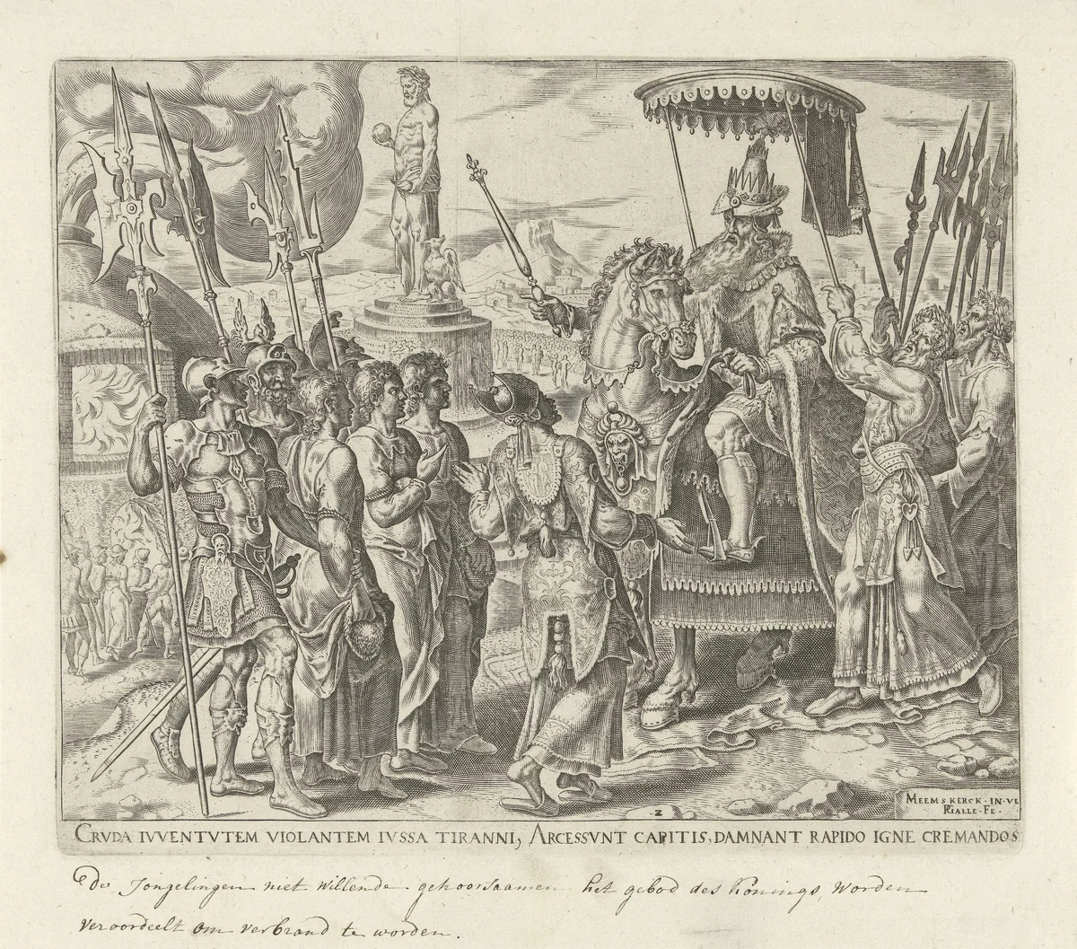 Sadrach, Mesach en Abednego voor koning Nebukadnessar by Unknown, print, 1565