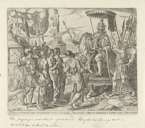 Sadrach, Mesach en Abednego voor koning Nebukadnessar by Unknown, print, 1565