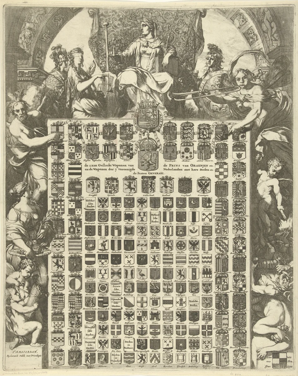 Geslachtswapens van prins Willem III in een allegorische omlijsting by Gerard de Lairesse, print, 1672