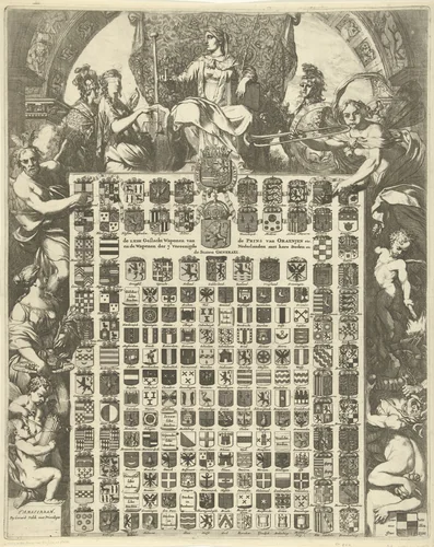 Geslachtswapens van prins Willem III in een allegorische omlijsting by Gerard de Lairesse, print, 1672