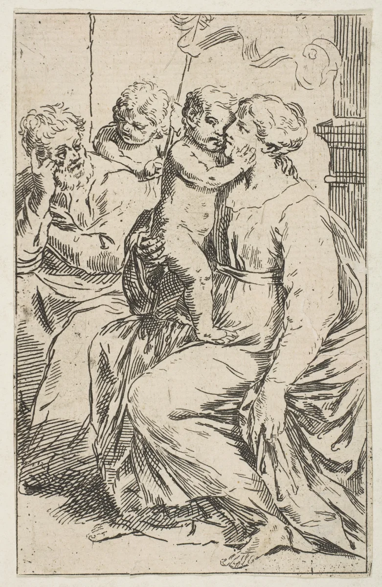 Holy Family with Saint John the Baptist, copy in reverse by Simone Cantarini, print, 1635-1647