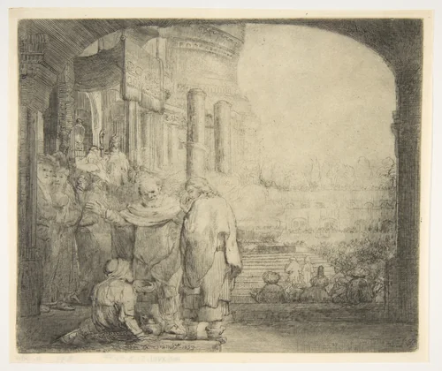 Peter and John Healing the Cripple at the Gate of the Temple by Rembrandt van Rijn, print, 1659
