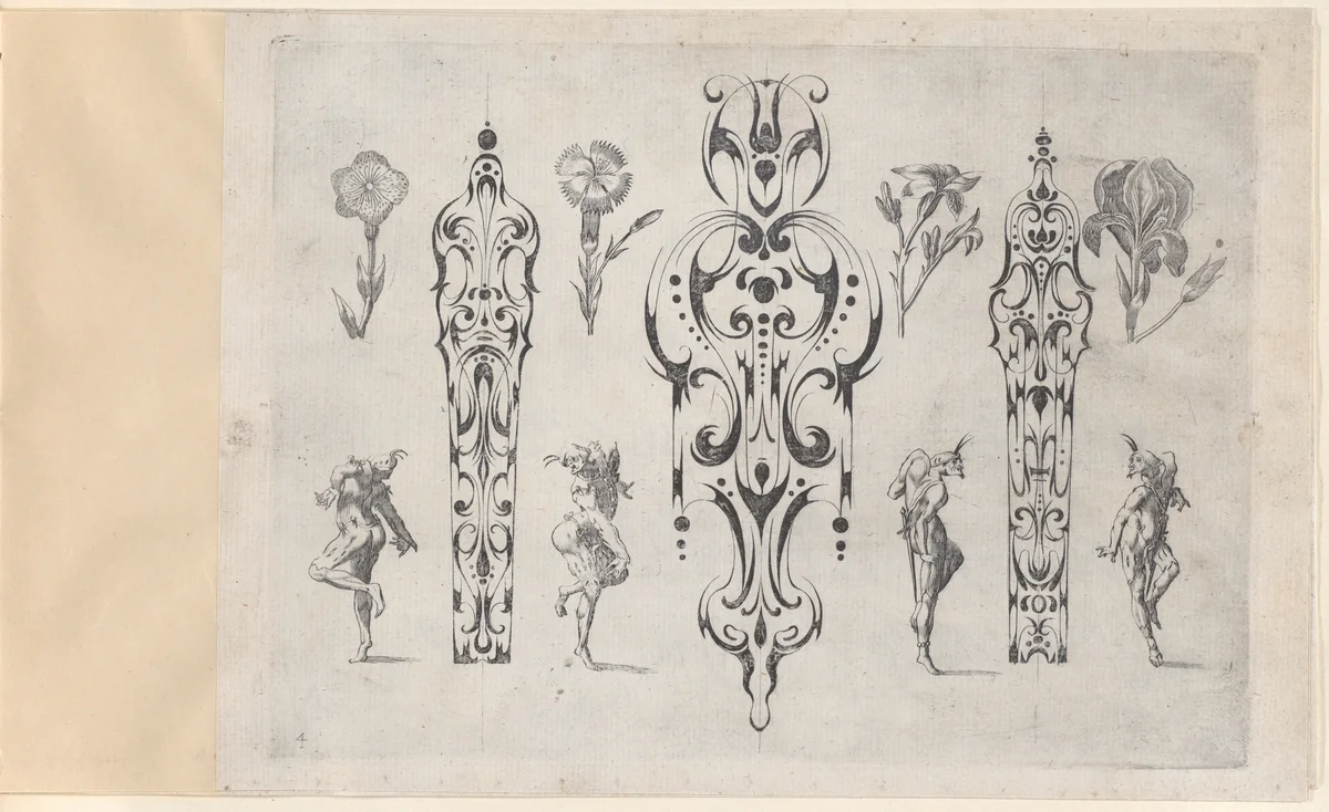 Blackwork Designs with Flowers and Commedia dell'Arte Figures, Plate 4 from a Series of Blackwork Ornaments combined with Figures, Birds, Animals and Flowers by Meinert Gelijs, book, 1622