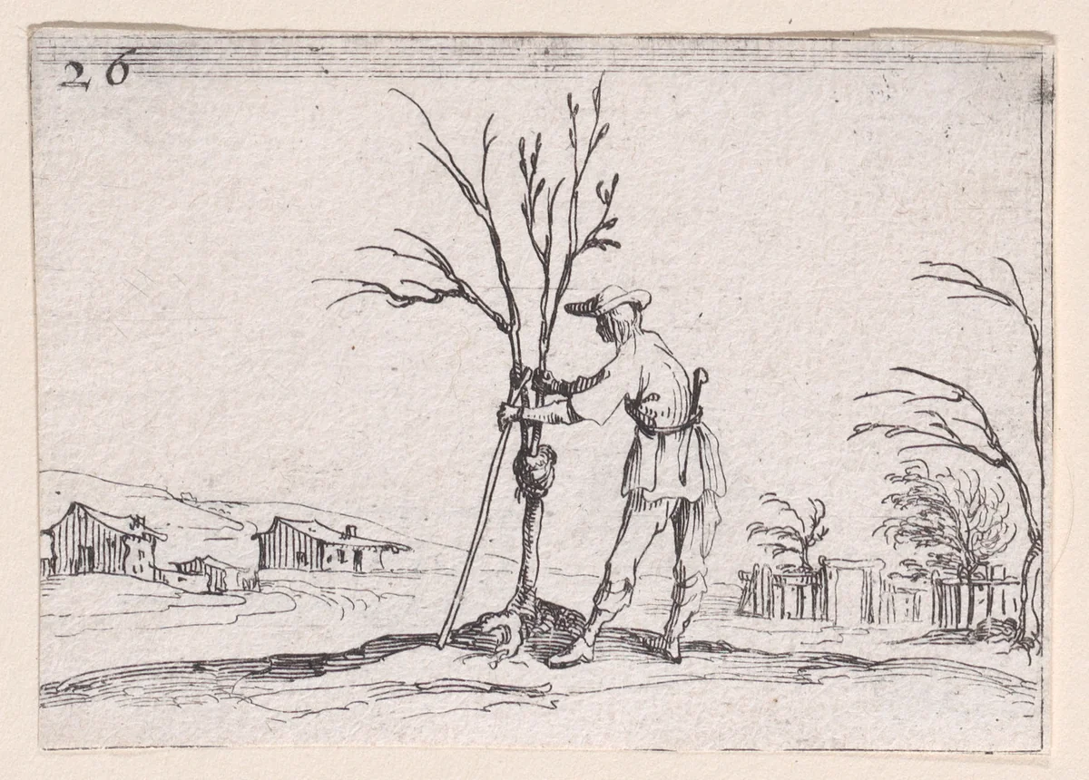 Le Jardinier Émondant un Arbuste (The Gardener Pruning a Shrub), plate 26 from "Lux Claustri ou La Lumière du Cloitre" (The Light of the Cloisters) by Jacques Callot, print, 1621-1635