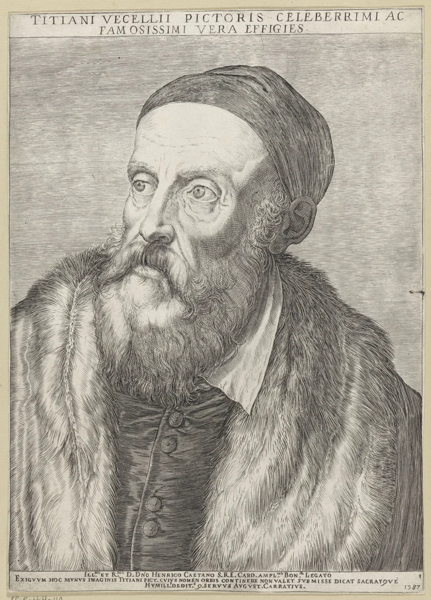Portret van schilder Titiaan by Agostino Carracci, print, 1587
