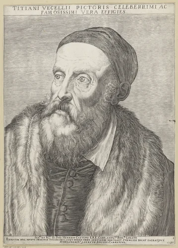 Portret van schilder Titiaan by Agostino Carracci, print, 1587