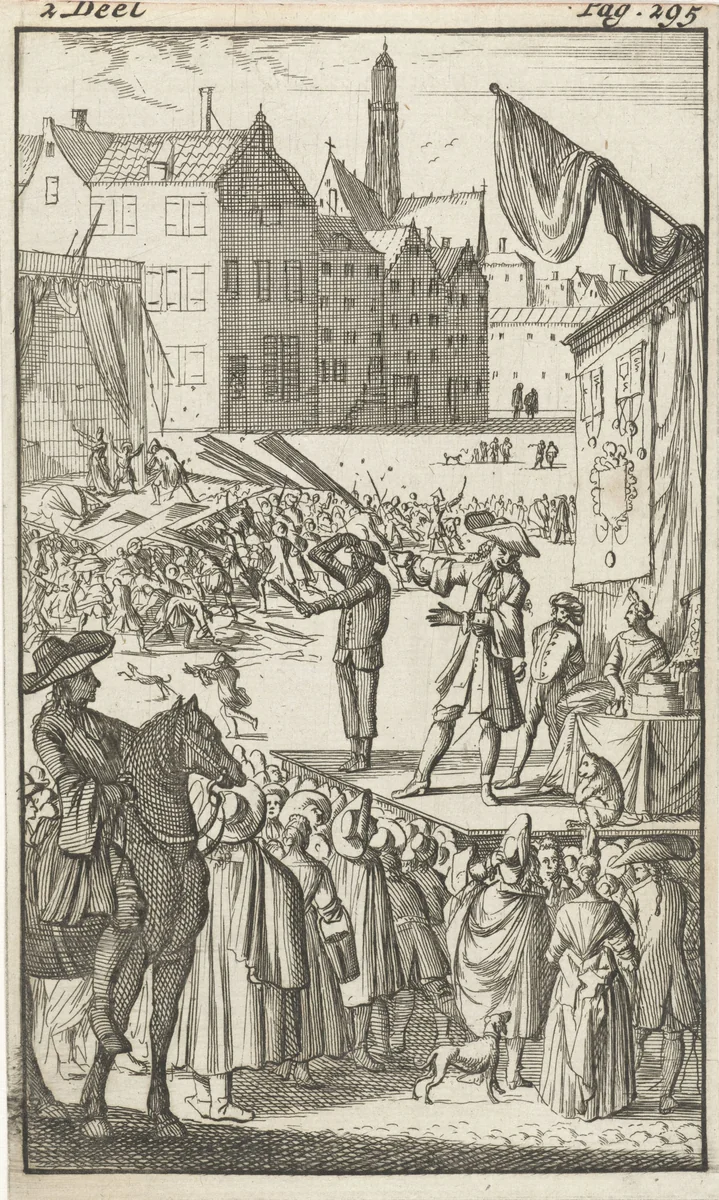 Mirandors broer in dienst bij een kwakzalver, die zijn toneel op een marktplein heeft opgeslagen by Caspar Luyken, print, 1695