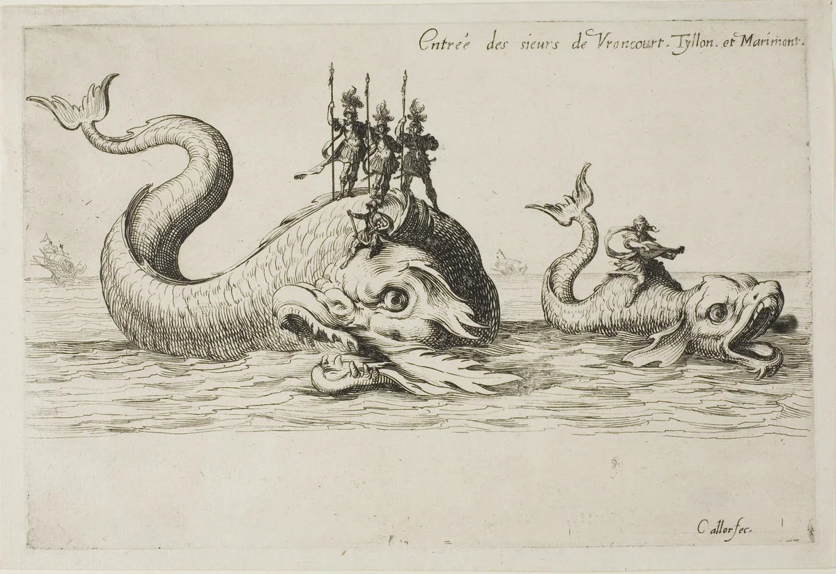 Entry of Mm. de Vroncourt, Tyllon, and Marimont, from The Combat at the Barrier by Jacques Callot, print, 1627