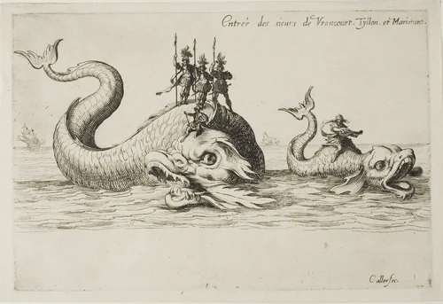 Entry of Mm. de Vroncourt, Tyllon, and Marimont, from The Combat at the Barrier by Jacques Callot, print, 1627